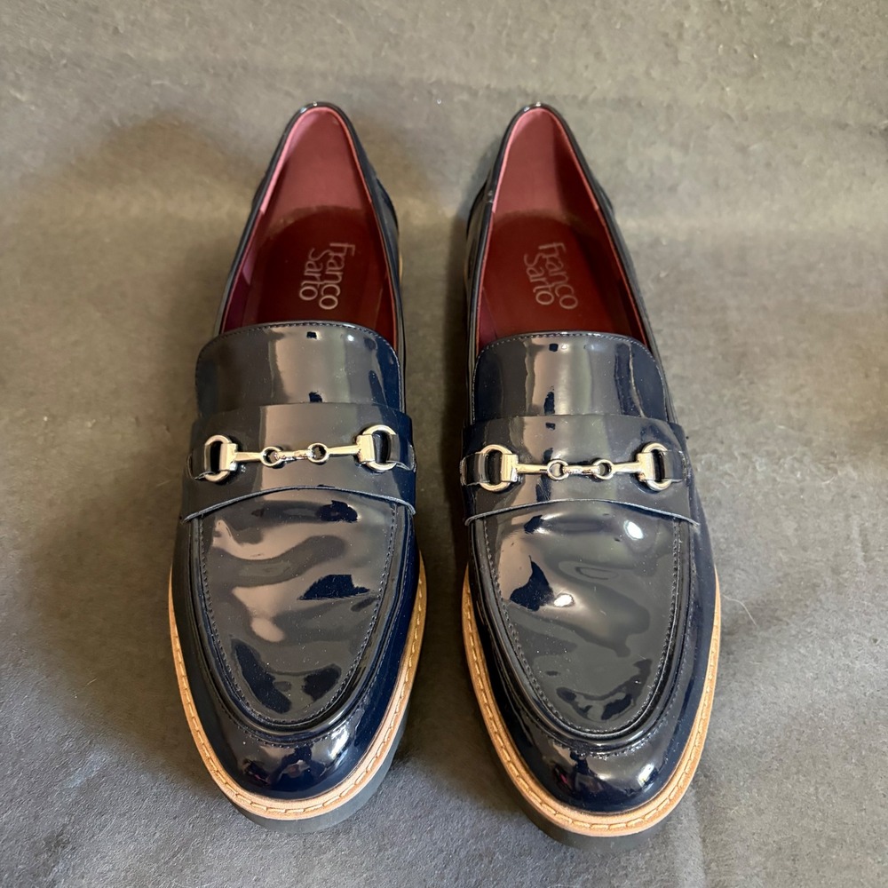 Franco Sarto Carol Loafers Women 10 Navy Blue Patent Chunky Y2K Core Whimsigoth